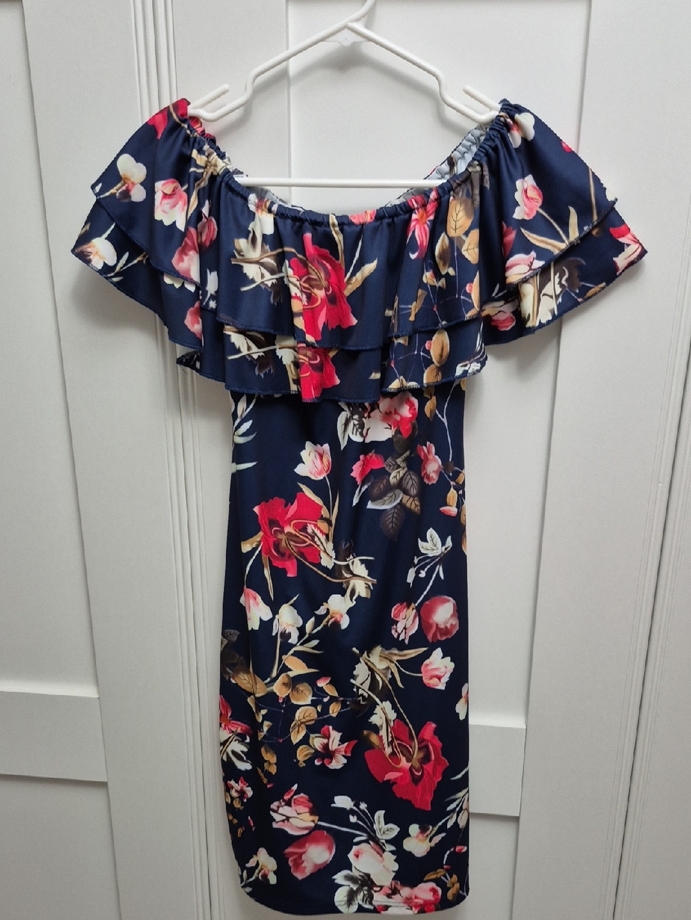 Navy Floral Off-Shoulder Ruffle Dress